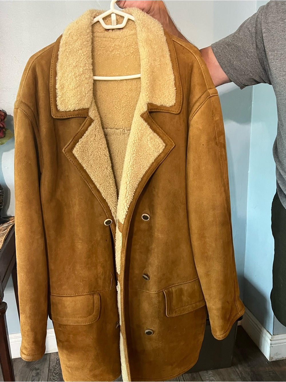 Boss Tan Suede Shearling Pea Coat with Cream Lining